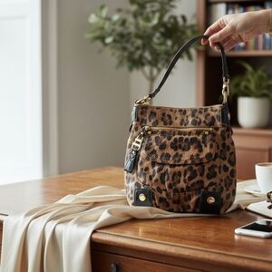 B. Makowsky Leopard Print Crossbody with Black Trim and Gold Hardware.